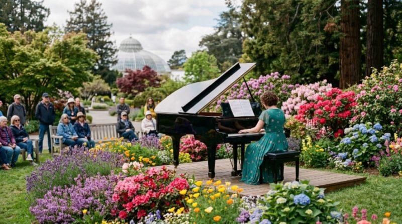 Golden Gate Park garden path lined with musical instruments
