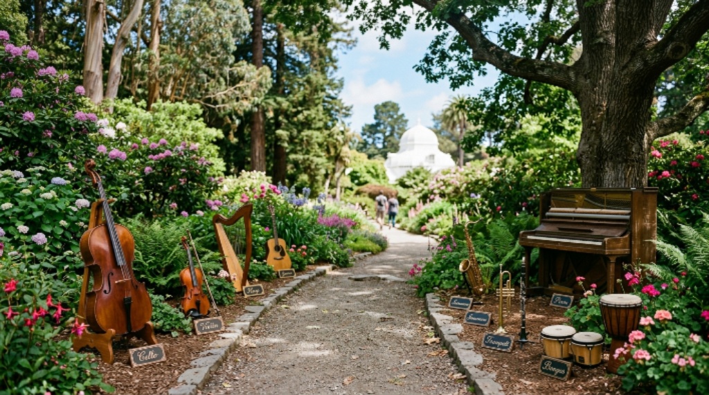 Golden Gate Park garden path lined with musical instruments
