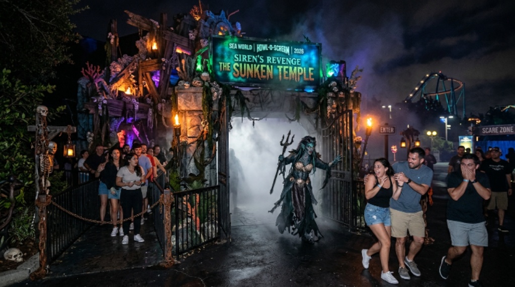 Haunted house scene from SeaWorld Howl-O-Scream 2026 nighttime event