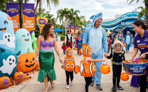 Family trick-or-treating at SeaWorld Spooktacular 2026 daytime Halloween event