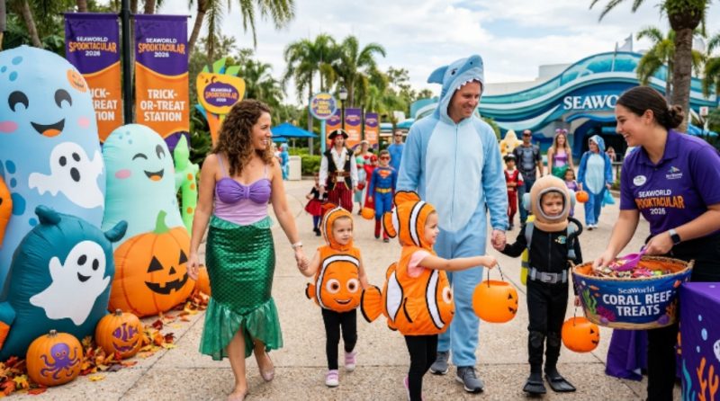 Family trick-or-treating at SeaWorld Spooktacular 2026 daytime Halloween event