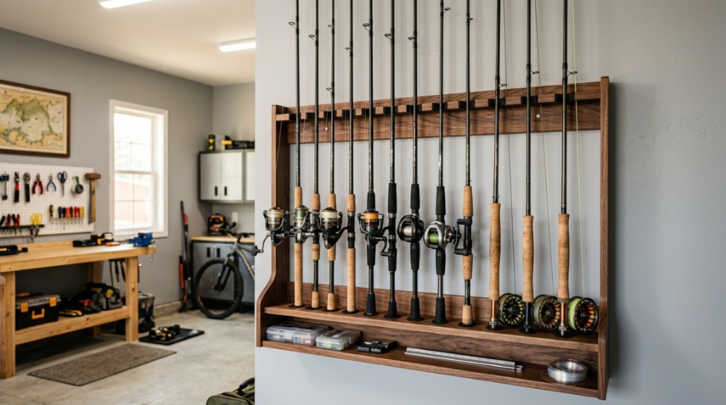 Overhead ceiling-mounted fishing rod rack organizing multiple poles in a garage.