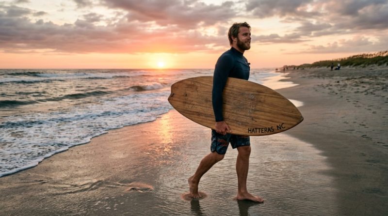 Person carrying a skimboard safely on a North Carolina beach.