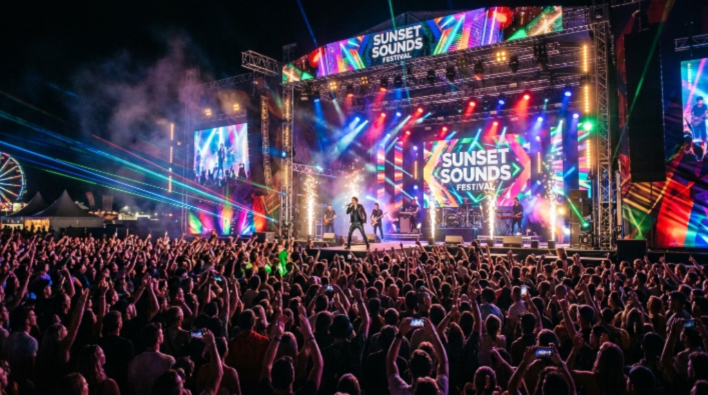 Colorful festival stage with lighting effects during a night performance