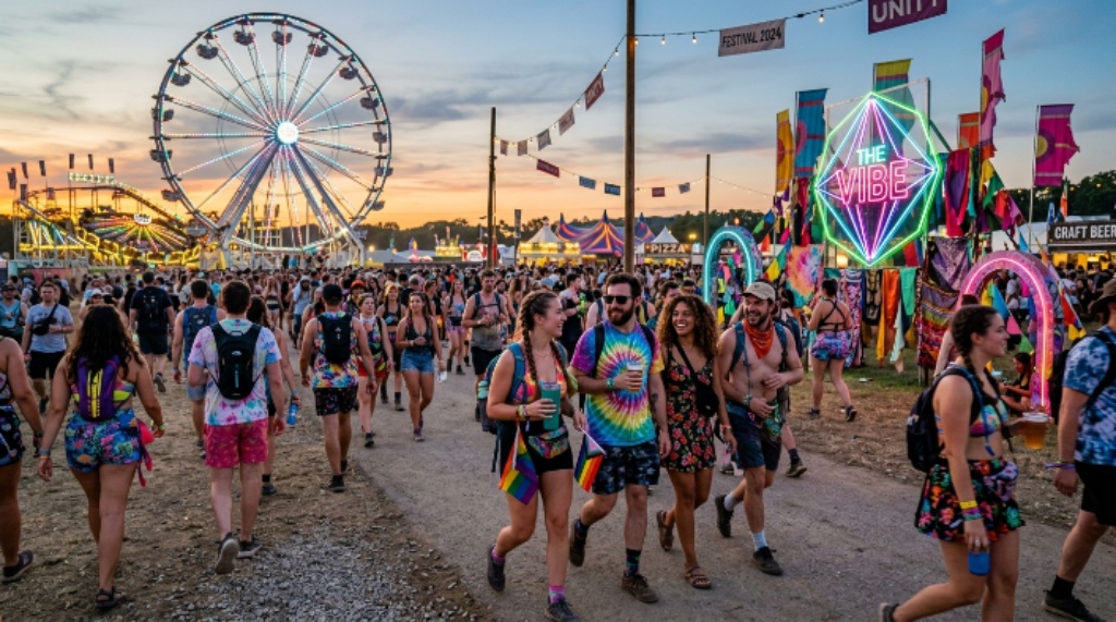 Fans walking through festival grounds with art installations and carnival rides