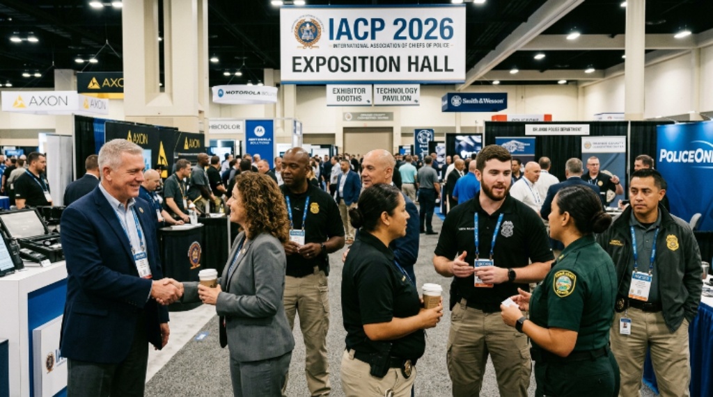 Law enforcement professionals networking at the IACP 2026 exposition hall in Orlando