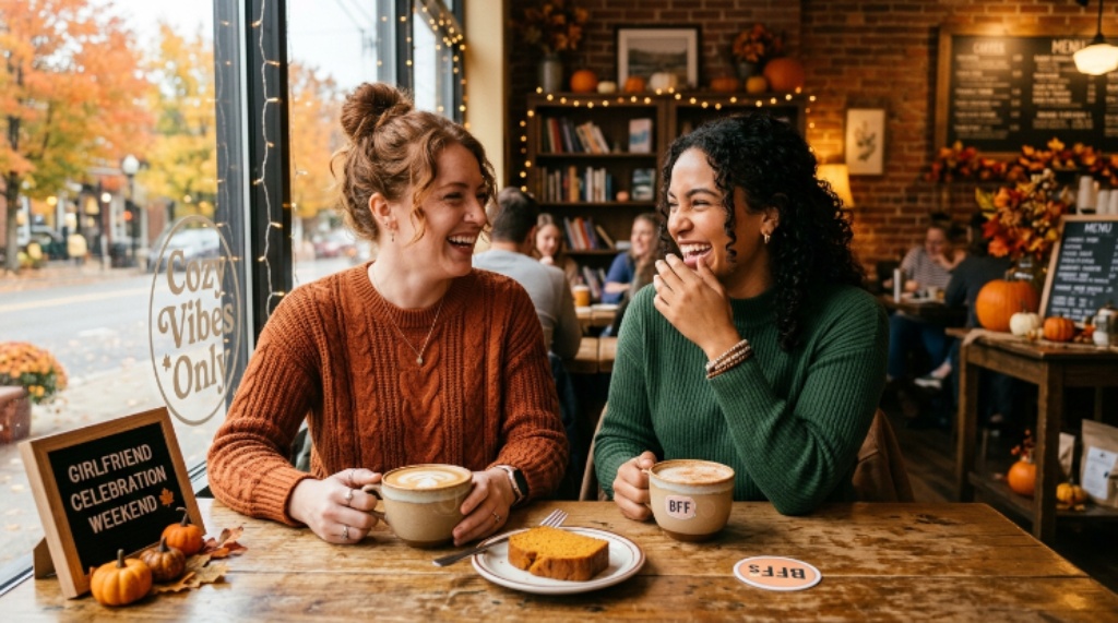 Two best friends laughing and enjoying a cozy café outing during Girlfriend Celebration weekend in October