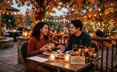 A couple sharing a romantic candlelit dinner on Girlfriend Celebration Day in autumn 2026