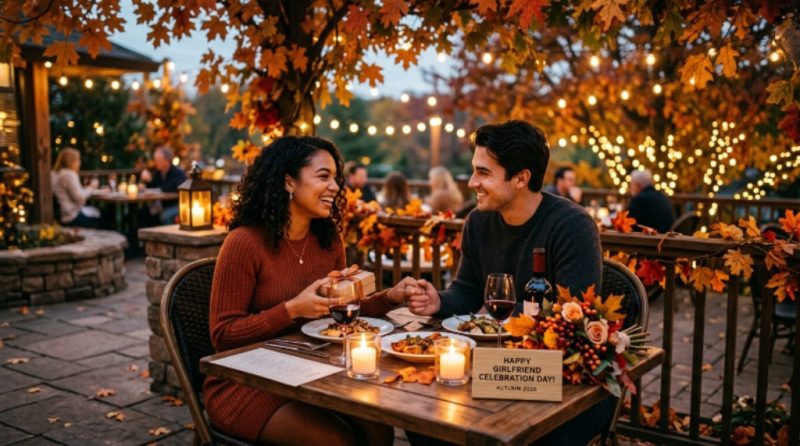 A couple sharing a romantic candlelit dinner on Girlfriend Celebration Day in autumn 2026