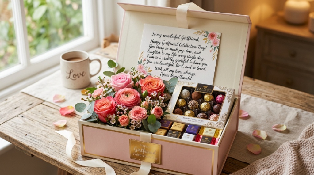A beautiful gift box with flowers, chocolates, and a handwritten card for Girlfriend Celebration Day