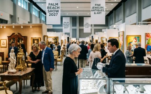 Visitors browsing fine jewelry and antique displays at the Palm Beach Show 2027 inside the convention center