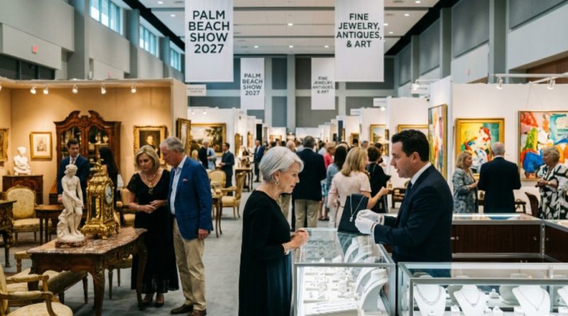 Visitors browsing fine jewelry and antique displays at the Palm Beach Show 2027 inside the convention center