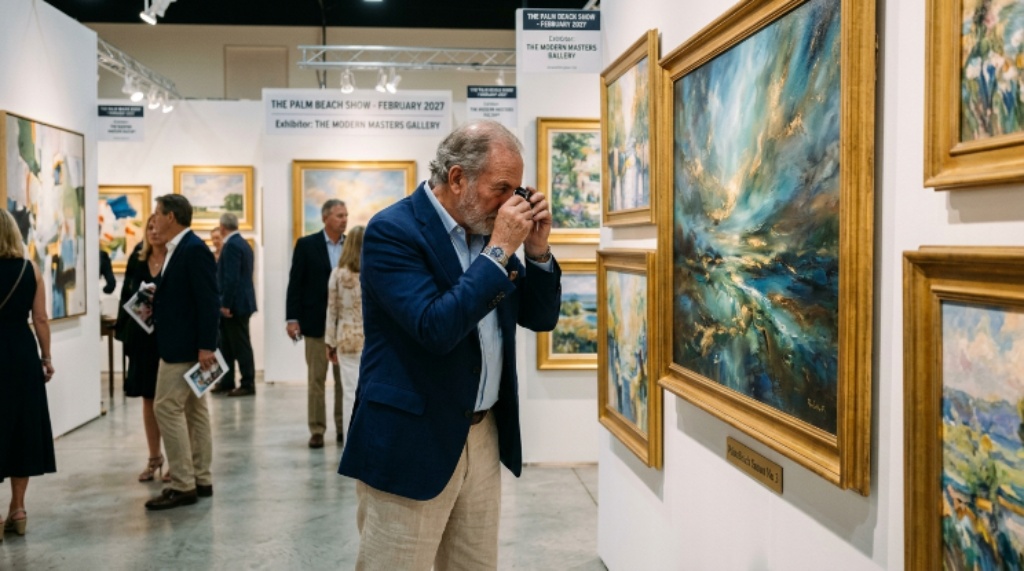 Art collector examining oil paintings at the Palm Beach Show February 2027 exhibitor gallery