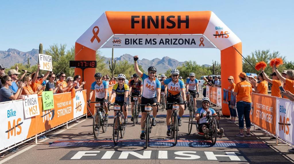 Participants crossing the finish line at Bike MS Arizona fundraising event