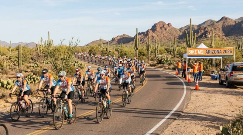 Cyclists riding through the Arizona desert landscape during Bike MS Arizona 2026
