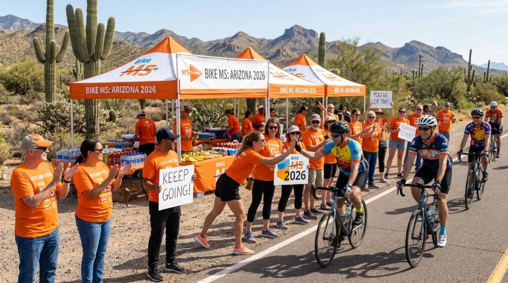 Rest stop volunteers cheering on riders at Bike MS Arizona 2026
