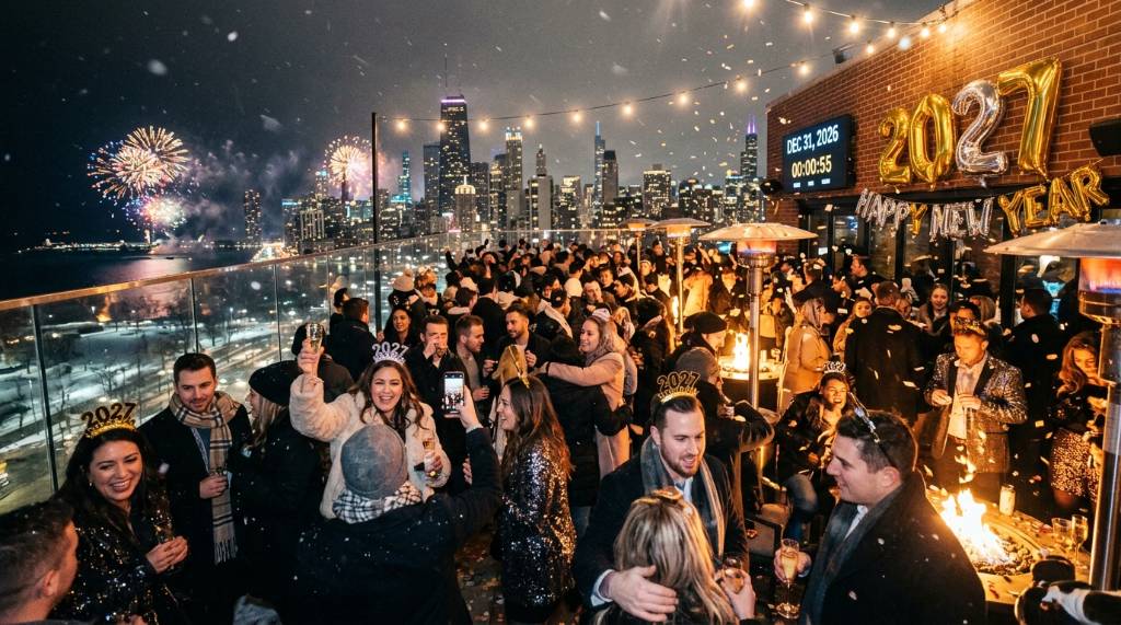 Rooftop party in Chicago overlooking the city lights on New Year's Eve December 31 2026