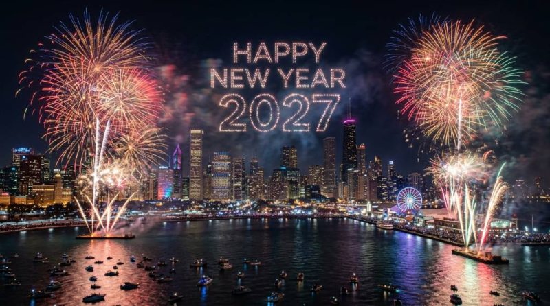 Chicago skyline lit up with fireworks over Lake Michigan on New Year's Eve 2027