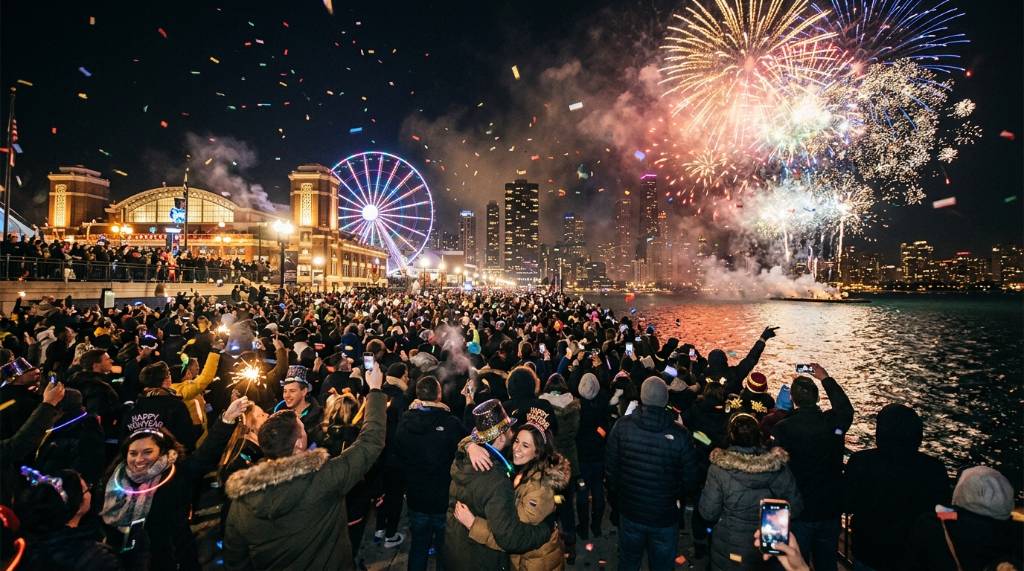 Crowds celebrating New Year's Eve at Navy Pier in Chicago with fireworks in the background